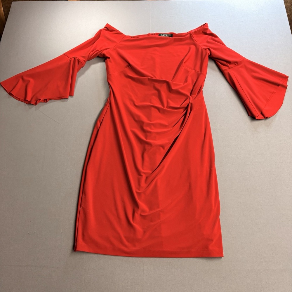 Lauren Ralph Lauren Dress Womens 12 Red Ruched Bell Sleeve Cocktail Sheath